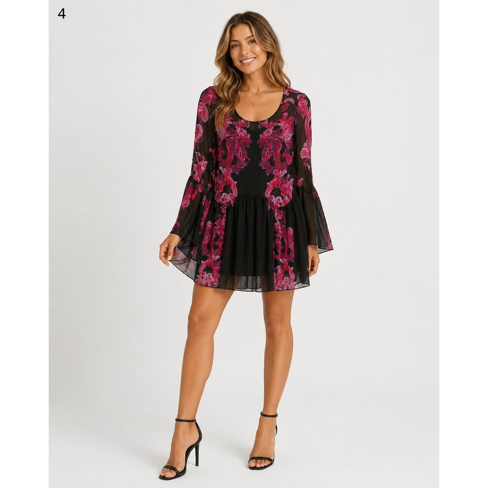 Intimately Free People Sheer Mini Dress Womens‎ M Black Pink Floral Polyester